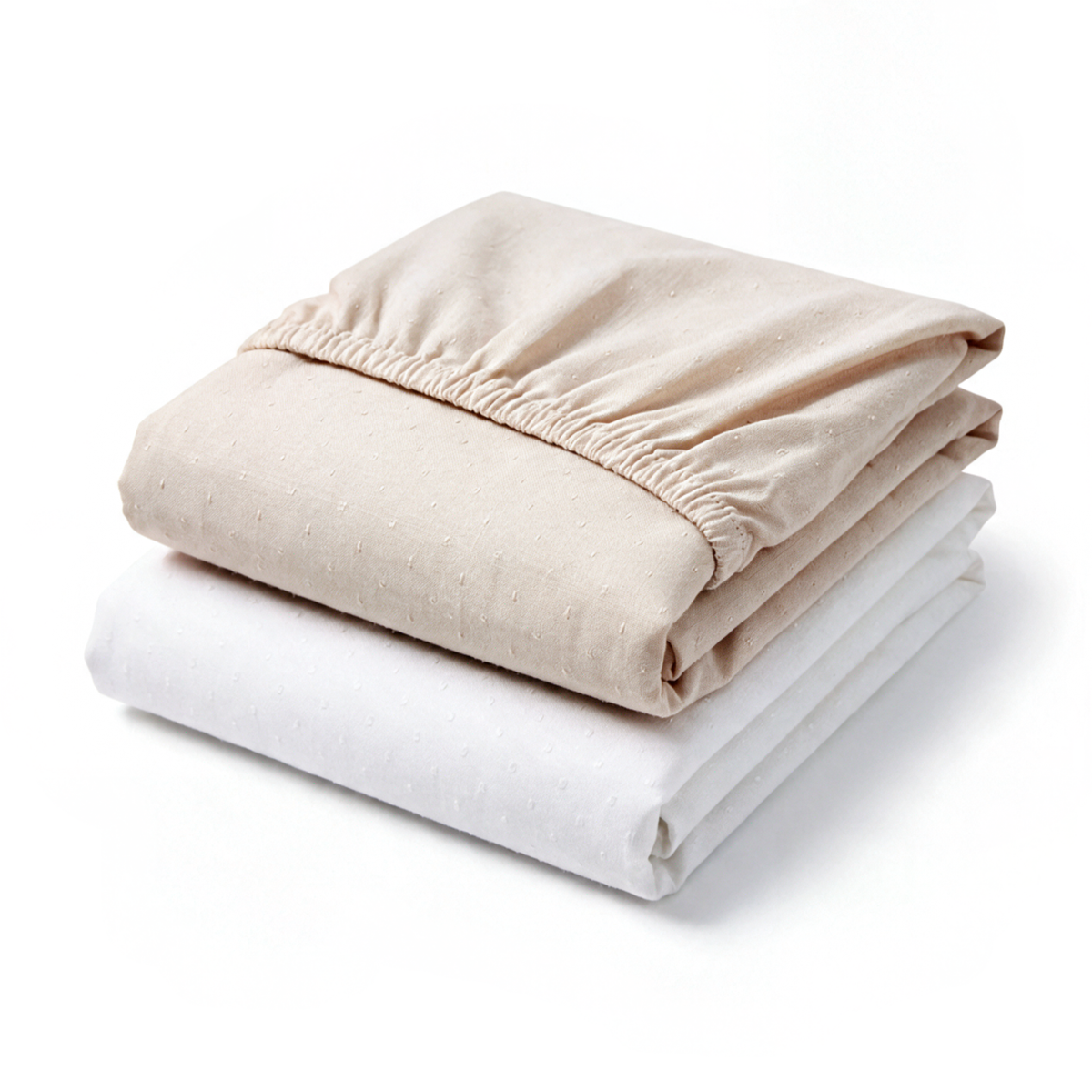 Set de 2 sábanas de cajón de algodón, una beige y una blanca, dobladas