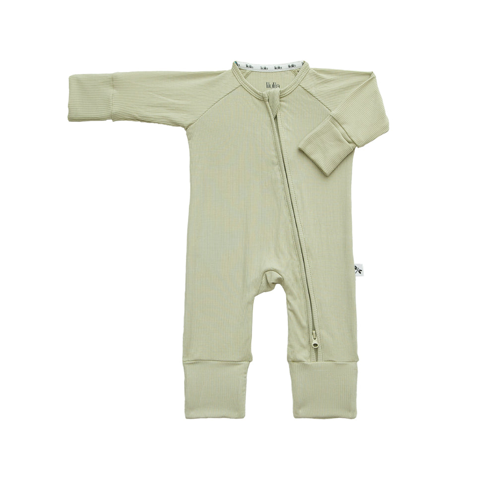 Green Olive Ribbed Bamboo Zippy Romper