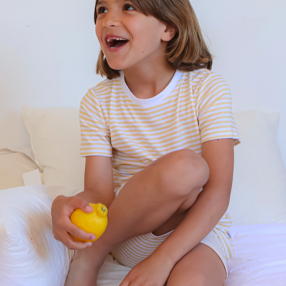 Short Yellow Stripes Bamboo Two-Piece Pajama Set