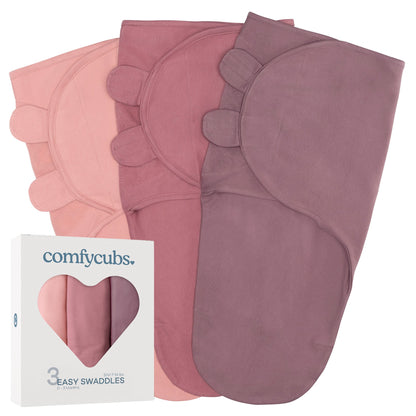 Set de 3 Easy Swaddles Comfy Cubs en tonos rosa, malva y mora