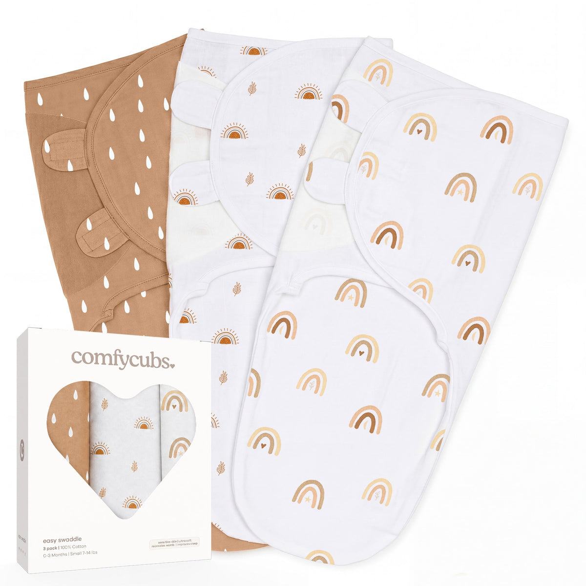 Set de 3 Easy Swaddles Comfy Cubs con estampado de arcoíris