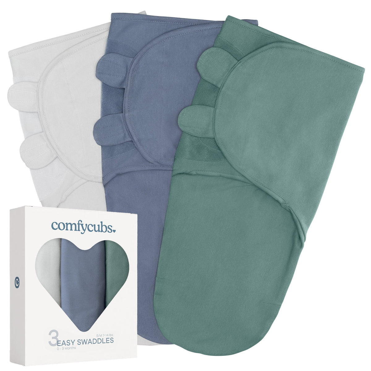 Set de 3 Easy Swaddles Comfy Cubs en gris piedra, azul y verde