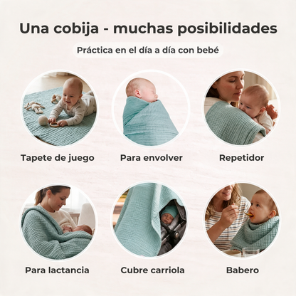 Una cobija, muchas posibilidades: tapete de juego, para envolver, repetidor, para lactancia, cubre carriola y babero